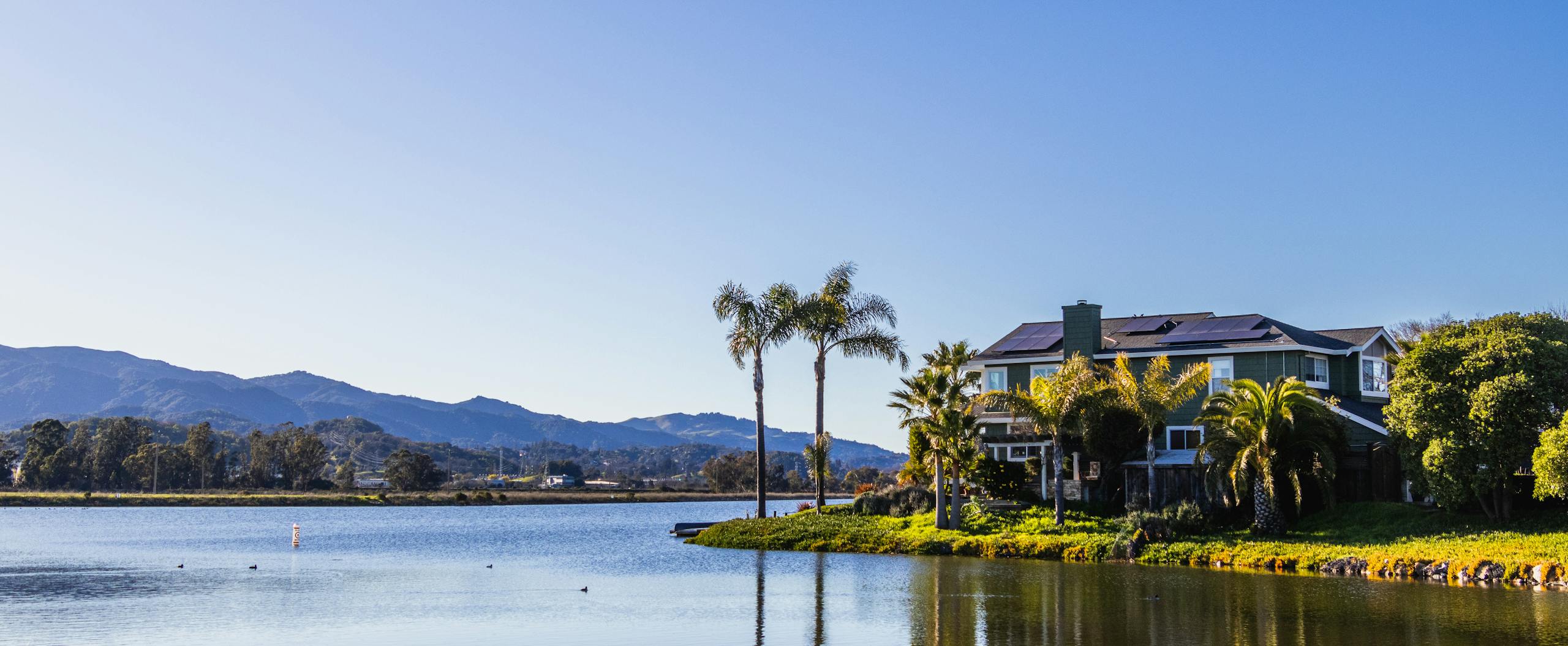 A beautiful lakeside mansion surrounded by palm trees under a clear blue sky.